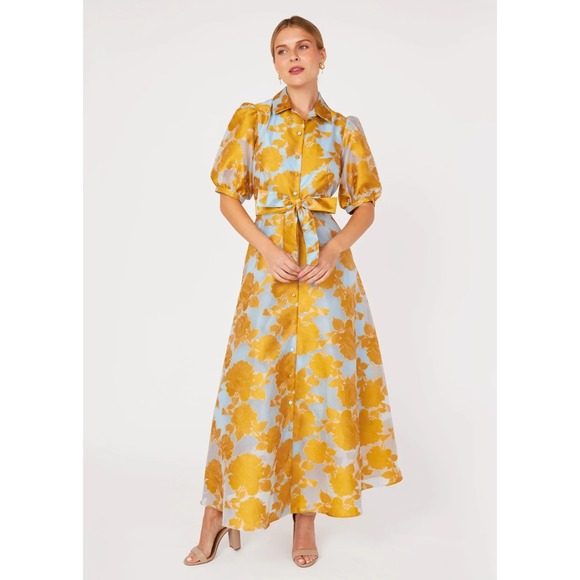 Abbey Glass Dresses & Skirts - Gold Floral Maxi Shirt Dress with Tie Belt in Light Blue